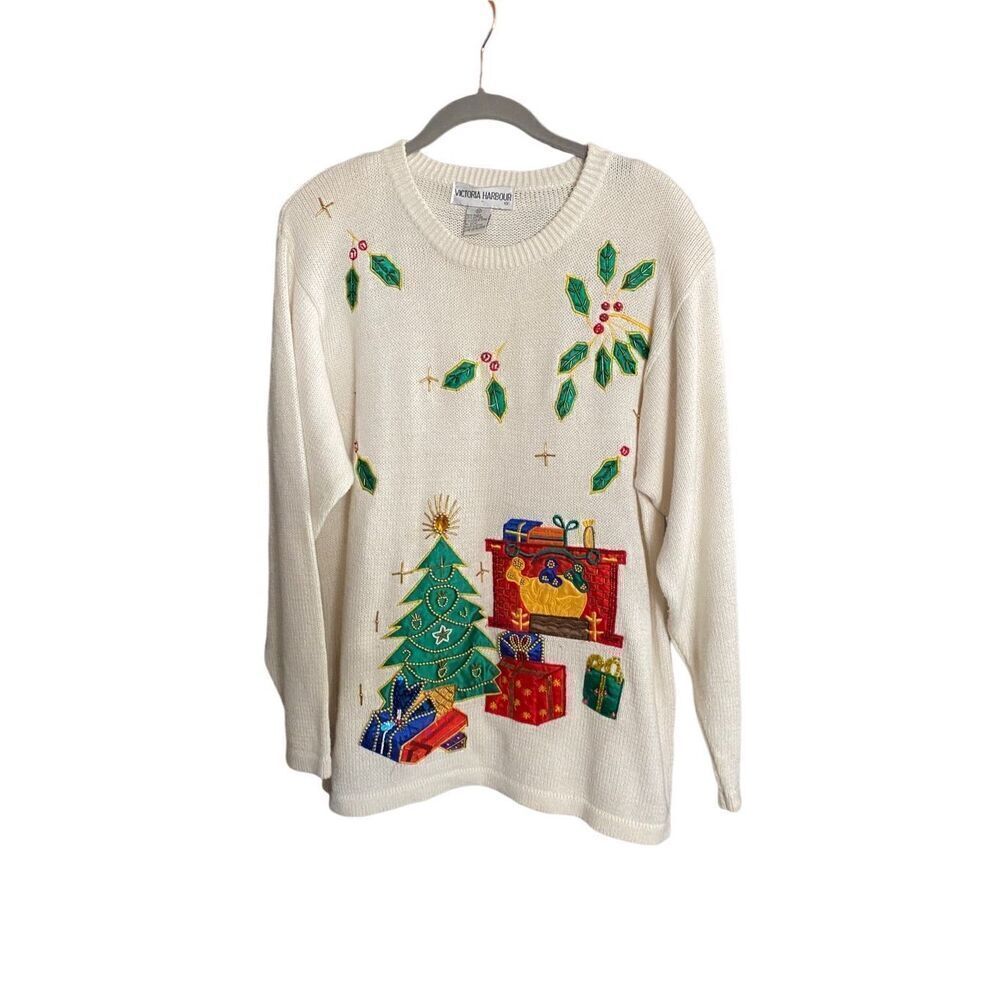 Victoria harbour vintage ivory beaded embroidered Christmas sweater S/M 